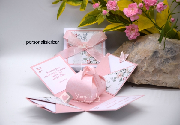 Explosionsbox Hochzeit ca. 7x7x7cm personalisierbar | Geldgeschenk | Zierschachtel | Motiv: floral | puderrosa weiß | Art. Nr. 03020305